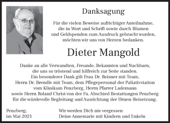 Todesanzeige von Dieter Mangold von Das Gelbe Blatt Penzberg