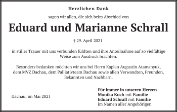 Todesanzeige von Eduard und Marianne Schrall von merkurtz