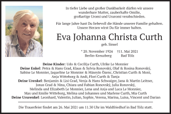 Todesanzeige von Eva Johanna Christa Curth von merkurtz