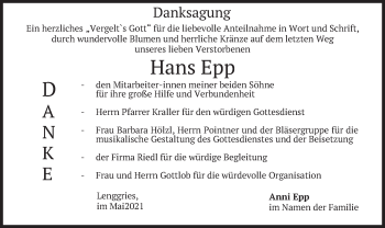 Todesanzeige von Hans Epp von merkurtz