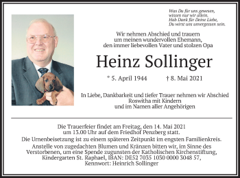 Todesanzeige von Heinz Sollinger von merkurtz