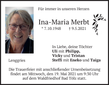 Todesanzeige von Ina-Maria Merbt von merkurtz