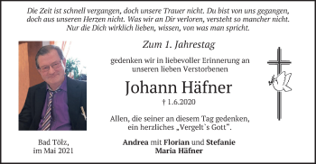 Todesanzeige von Johann Häfner von merkurtz