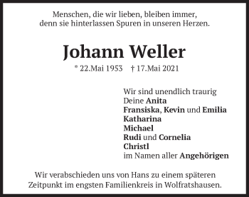 Todesanzeige von Johann Weller von merkurtz
