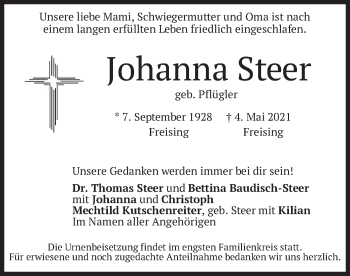 Todesanzeige von Johanna Steer von merkurtz