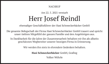 Todesanzeige von Josef Reindl von merkurtz