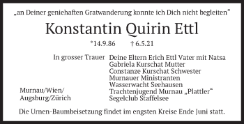 Todesanzeige von Konstantin Ouirin Ettl von merkurtz