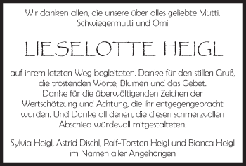 Todesanzeige von Lieselotte Heigl von merkurtz