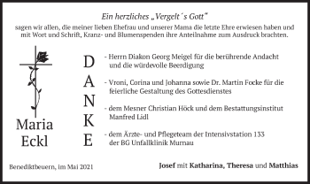 Todesanzeige von Maria Eckl von merkurtz