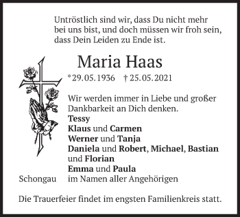 Todesanzeige von Maria Haas von merkurtz