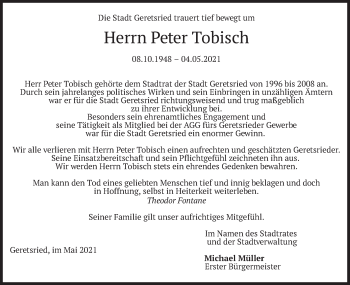Todesanzeige von Peter Tobisch von merkurtz