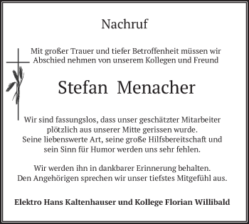 Todesanzeige von Stefan Menacher von merkurtz