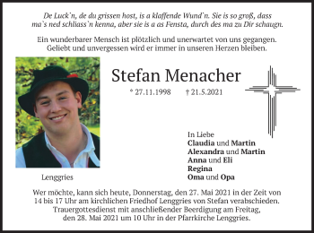 Todesanzeige von Stefan Menacher von merkurtz