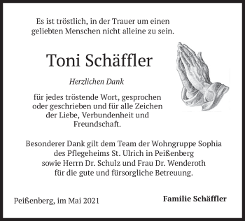 Todesanzeige von Toni Schäffler von merkurtz