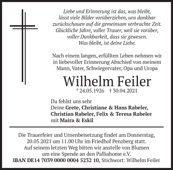 Todesanzeige von Wilhelm Feiler von Das Gelbe Blatt Penzberg