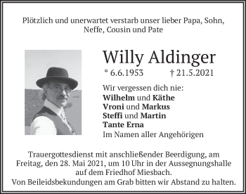 Todesanzeige von Willy Aldinger von merkurtz