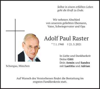 Todesanzeige von Adolf Paul Raster von merkurtz