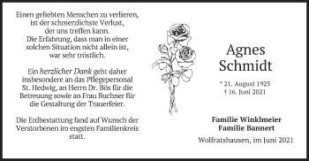 Todesanzeige von Agnes Scmidt von merkurtz