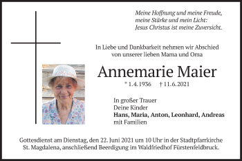 Todesanzeige von Annemarie Maier von merkurtz