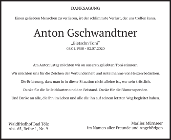 Todesanzeige von Anton Gschwandtner von merkurtz