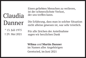 Todesanzeige von Claudia DAnner von merkurtz