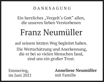 Todesanzeige von Franz Neumüller von merkurtz