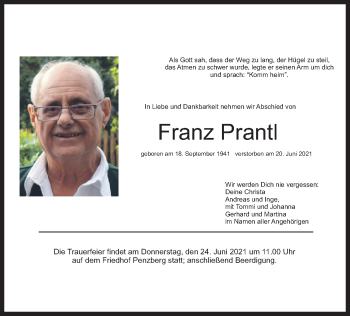 Todesanzeige von Franz Prantl von merkurtz