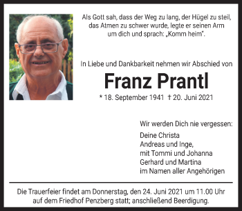 Todesanzeige von Franz Prantl von Das Gelbe Blatt Penzberg