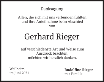 Todesanzeige von Gerhard Rieger von merkurtz