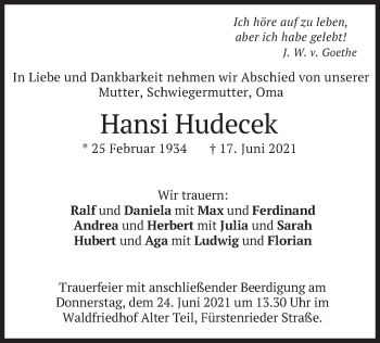 Todesanzeige von Hansi Hudecek von merkurtz