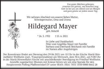 Todesanzeige von Hildegard Mayer von merkurtz