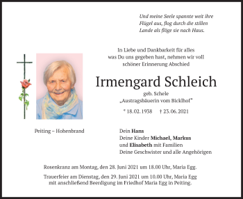 Todesanzeige von Irmengard Schleich von merkurtz