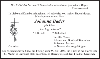 Todesanzeige von Johanna Bader von merkurtz
