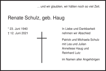Todesanzeige von Renate Schulz von merkurtz