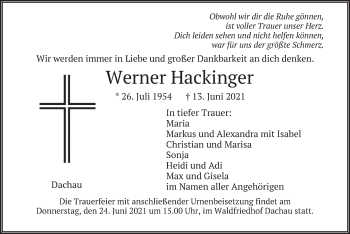 Todesanzeige von Werner Hackinger von merkurtz
