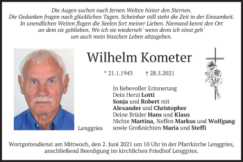 Todesanzeige von Wilhelm Kometer von merkurtz