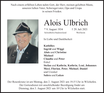 Todesanzeige von Alois Ulbrich von merkurtz