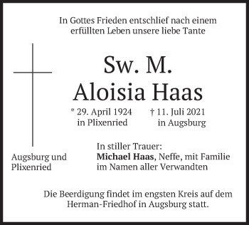 Todesanzeige von Aloisia Haas von merkurtz