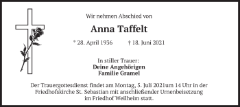 Todesanzeige von Anna Taffelt von merkurtz