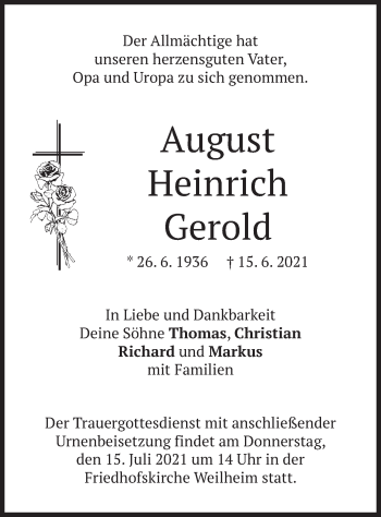 Todesanzeige von August Heinrich Gerold von merkurtz