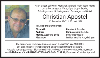 Todesanzeige von Christian Apostel von Das Gelbe Blatt Penzberg