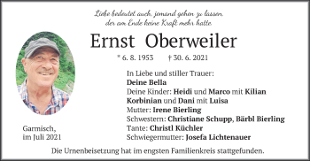 Todesanzeige von Ernst Oberweiler von merkurtz