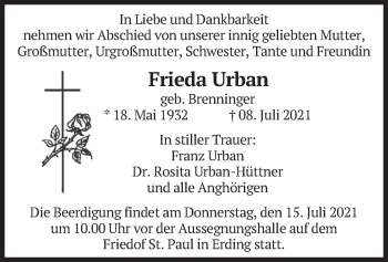 Todesanzeige von Frieda Urban von merkurtz