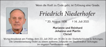 Todesanzeige von Friedrich Niederhofer von merkurtz