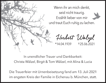 Todesanzeige von Herbert Wälzel von merkurtz