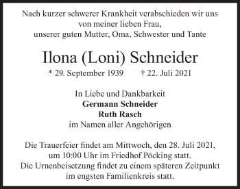 Todesanzeige von Ilona Schneider von merkurtz