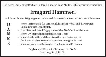 Todesanzeige von Irmgard Hammerl von Das Gelbe Blatt Penzberg