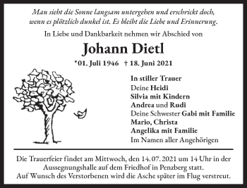 Todesanzeige von Johann Dietl von Das Gelbe Blatt Penzberg