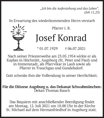 Todesanzeige von Josef Konrad von merkurtz