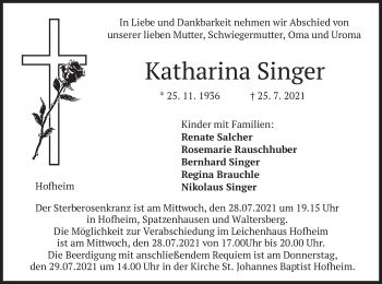 Todesanzeige von Katharina Singer von merkurtz